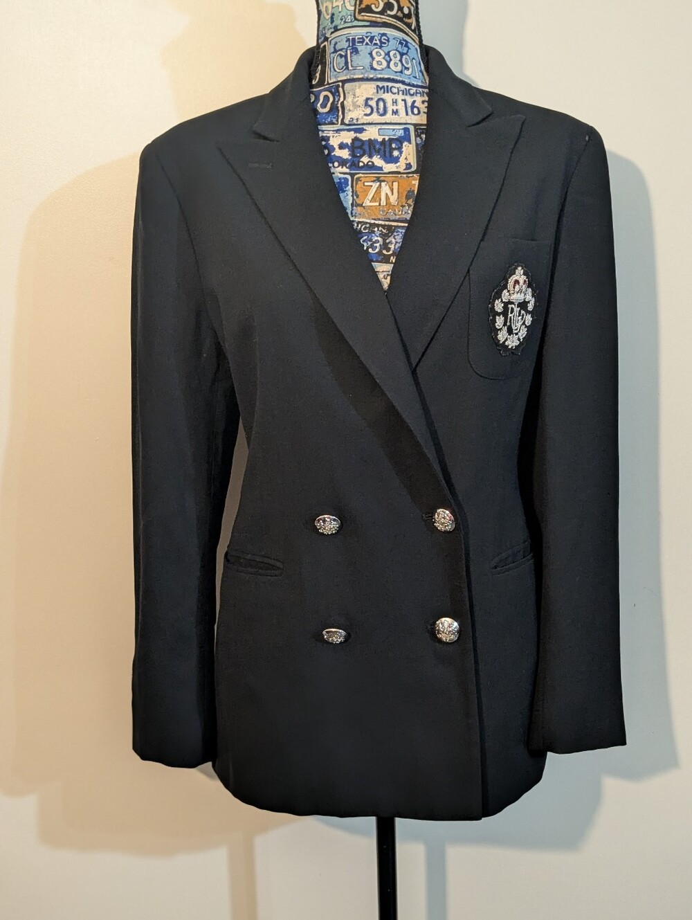 Ralph Lauren Women’s Double Breasted Crown Crest Logo Wool Black Blazer